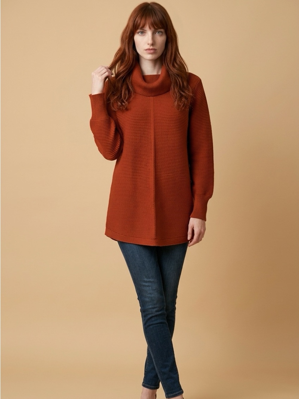 Rust Cyrus Ribbed Cozy Cottagecore Comfortable Cowl Neck Long Sleeve Sweater-L
